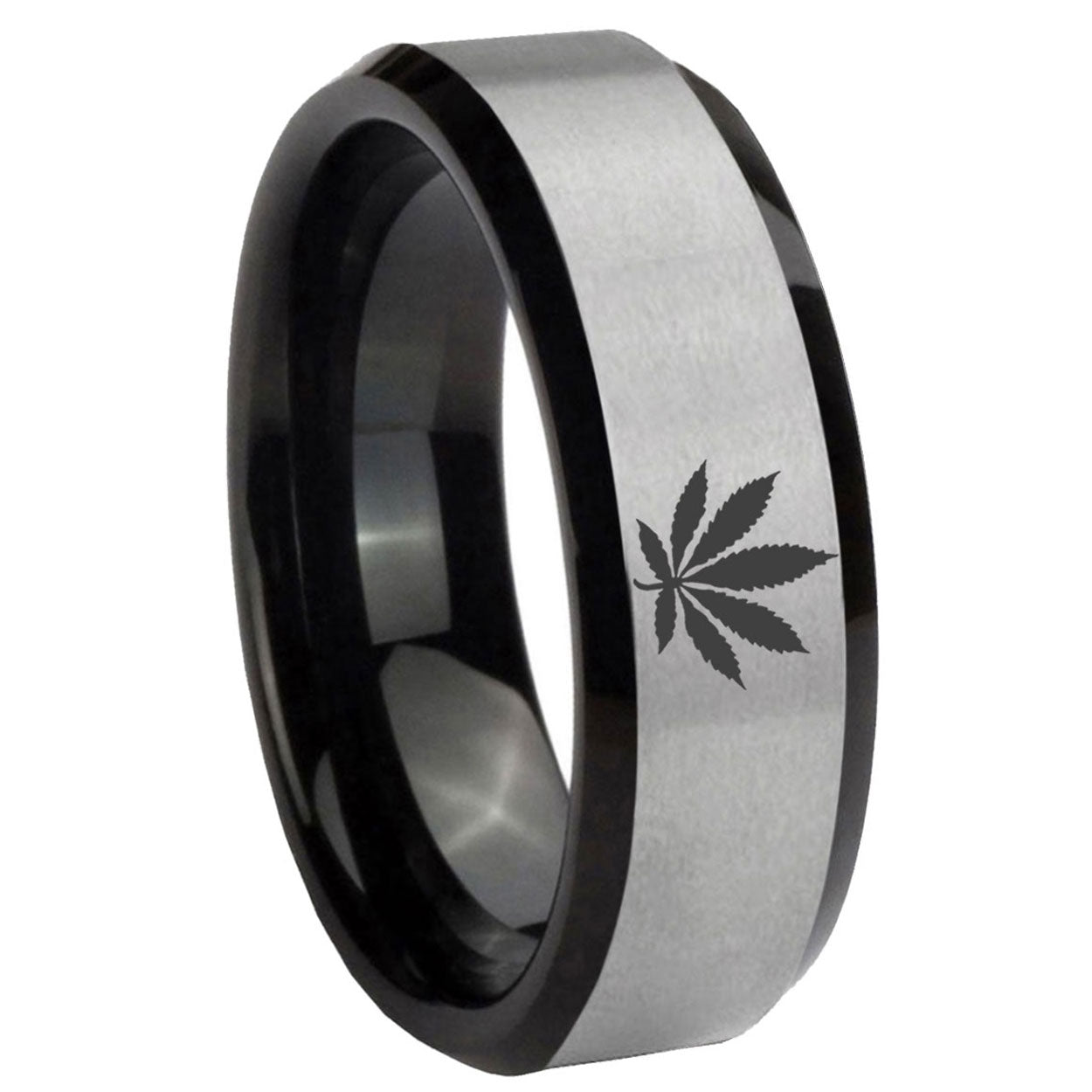 8mm Marijuana Leaf Two-Tone Beveled Gray Black Tungsten Wedding Ring