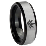 10mm Marijuana Leaf Beveled Brushed Silver Black Tungsten Custom Ring for Men
