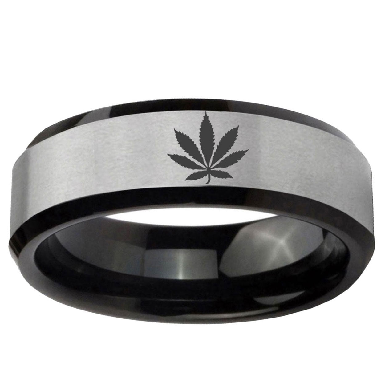 5mm Marijuana Leaf Two-Tone Beveled Gray Black Tungsten Wedding Ring
