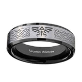 10mm-Celtic-Zelda-Beveled-Edges-Brushed-Silver-Black-Tungsten-Men's-Ring