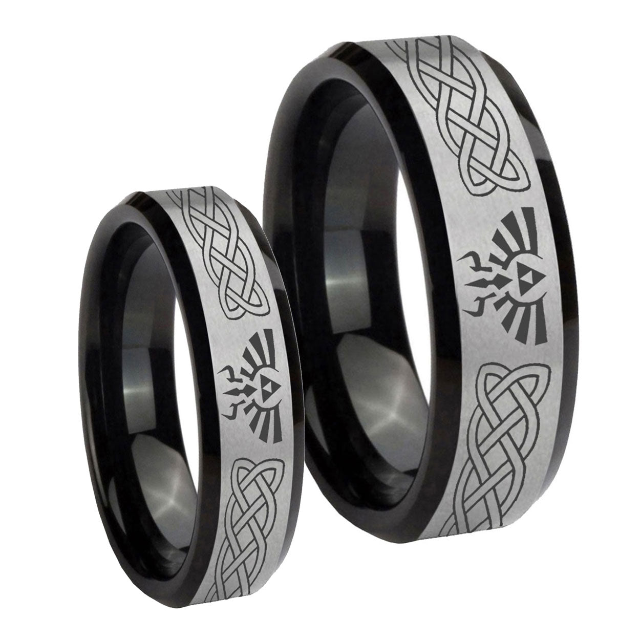 Celtic Zelda Beveled Brush Black 2 Tone Tungsten Bridal Set Rings