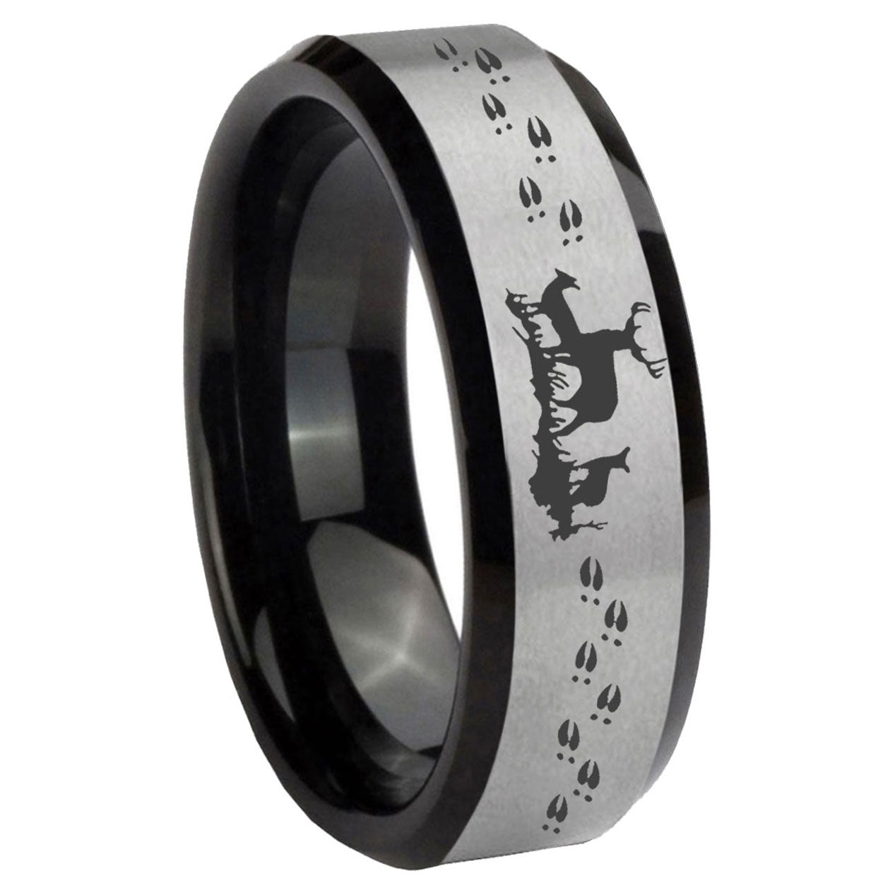 10mm Deer Hunting Beveled Brushed Silver Black Tungsten Custom Mens Ring