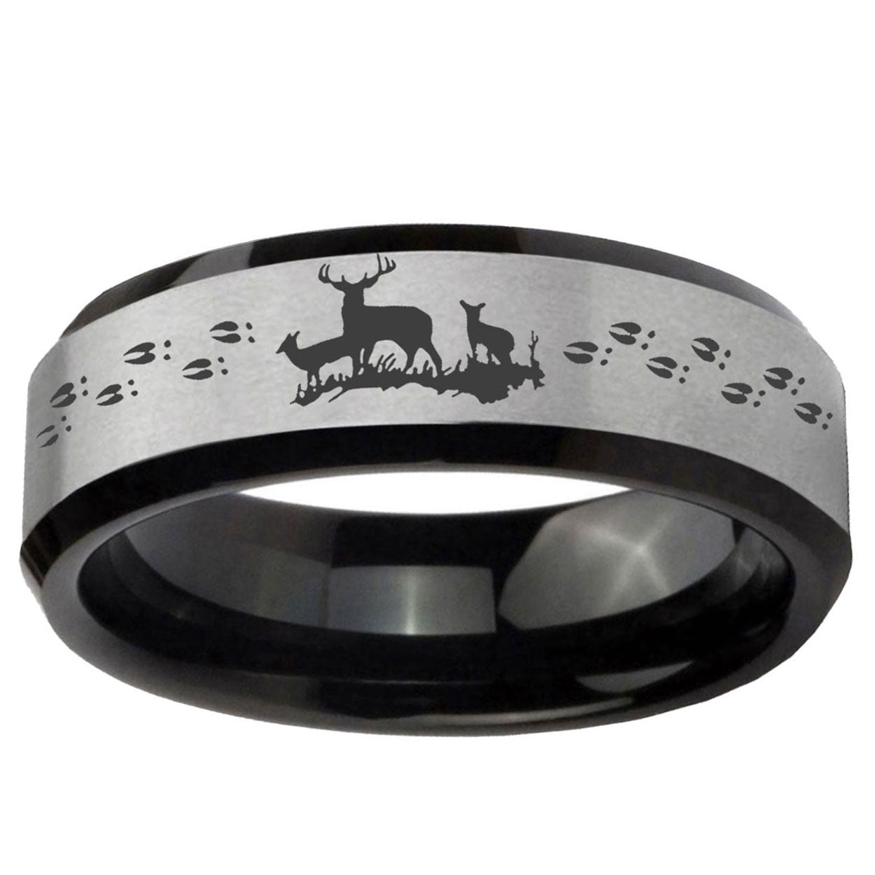 10mm Deer Hunting Beveled Brushed Silver Black Tungsten Ring