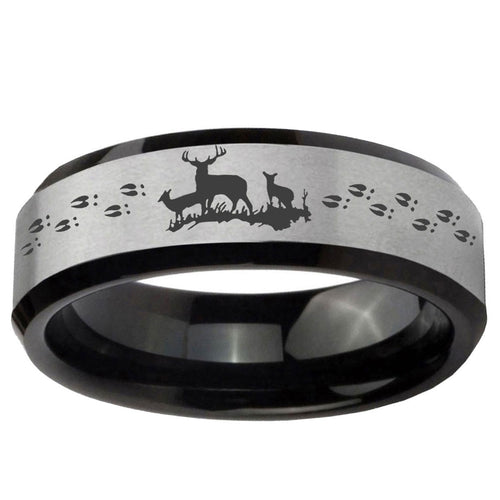 10mm Deer Hunting Beveled Brushed Silver Black Tungsten Ring
