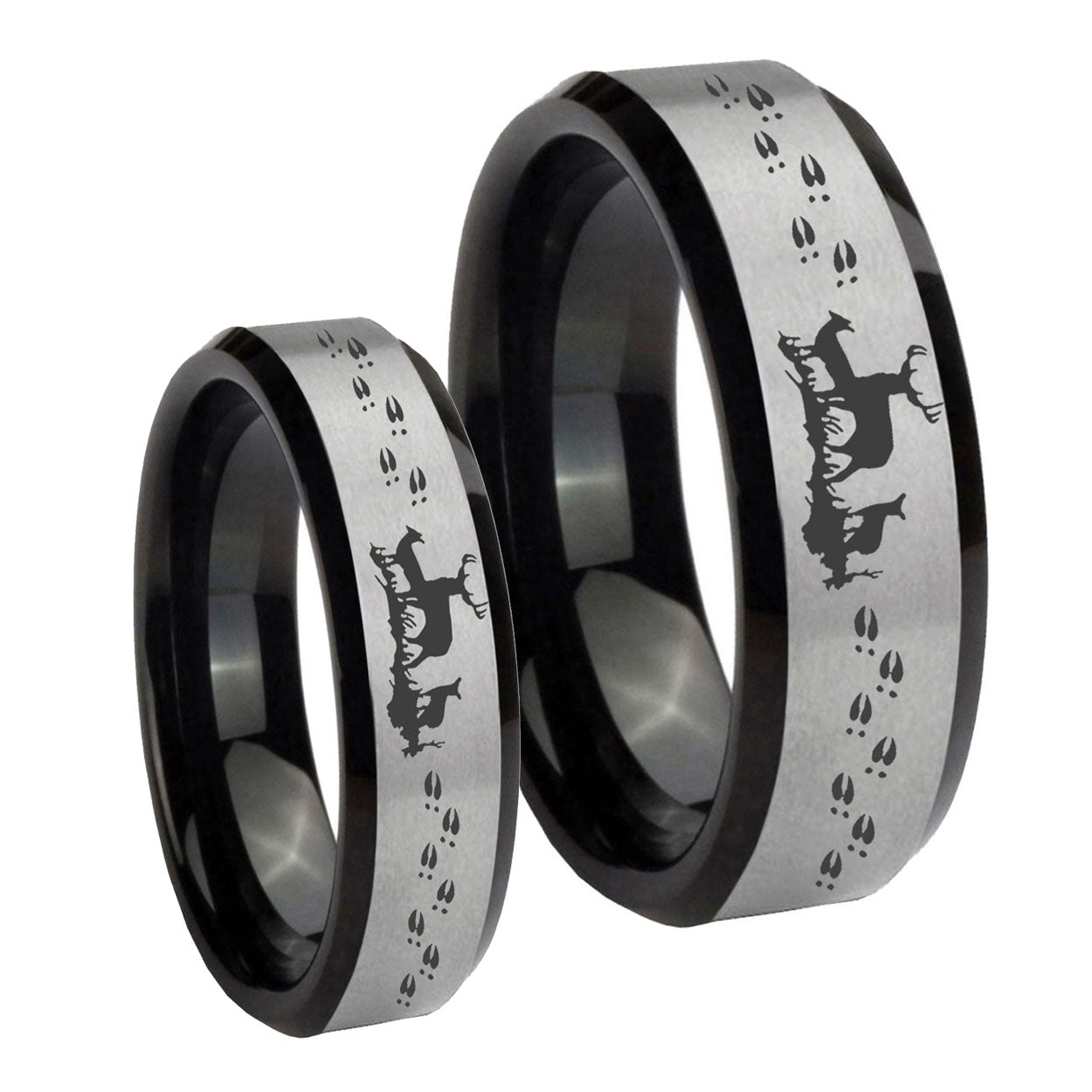Deer Hunting Beveled Brush Black 2 Tone Tungsten His Hers Ring Set