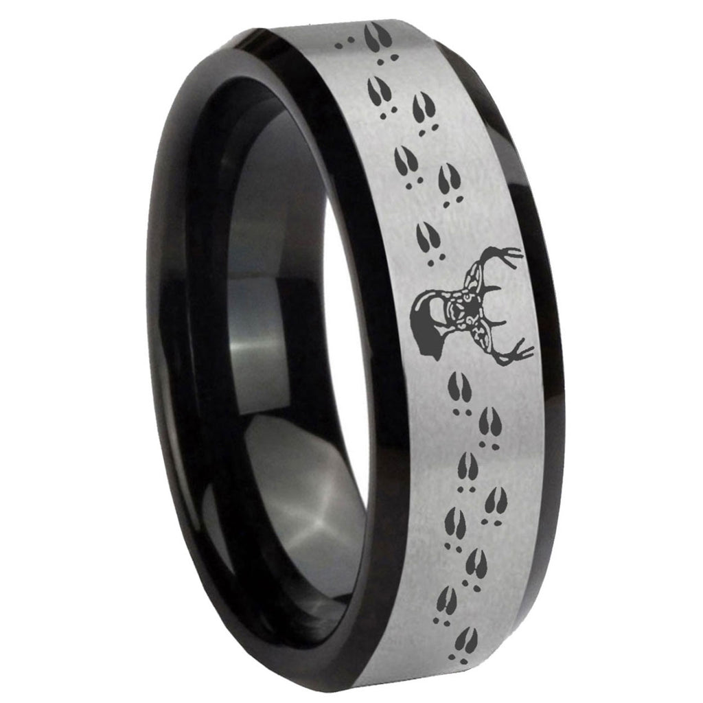 10mm Deer Antler Beveled Brushed Silver Black Tungsten Custom Mens Ring