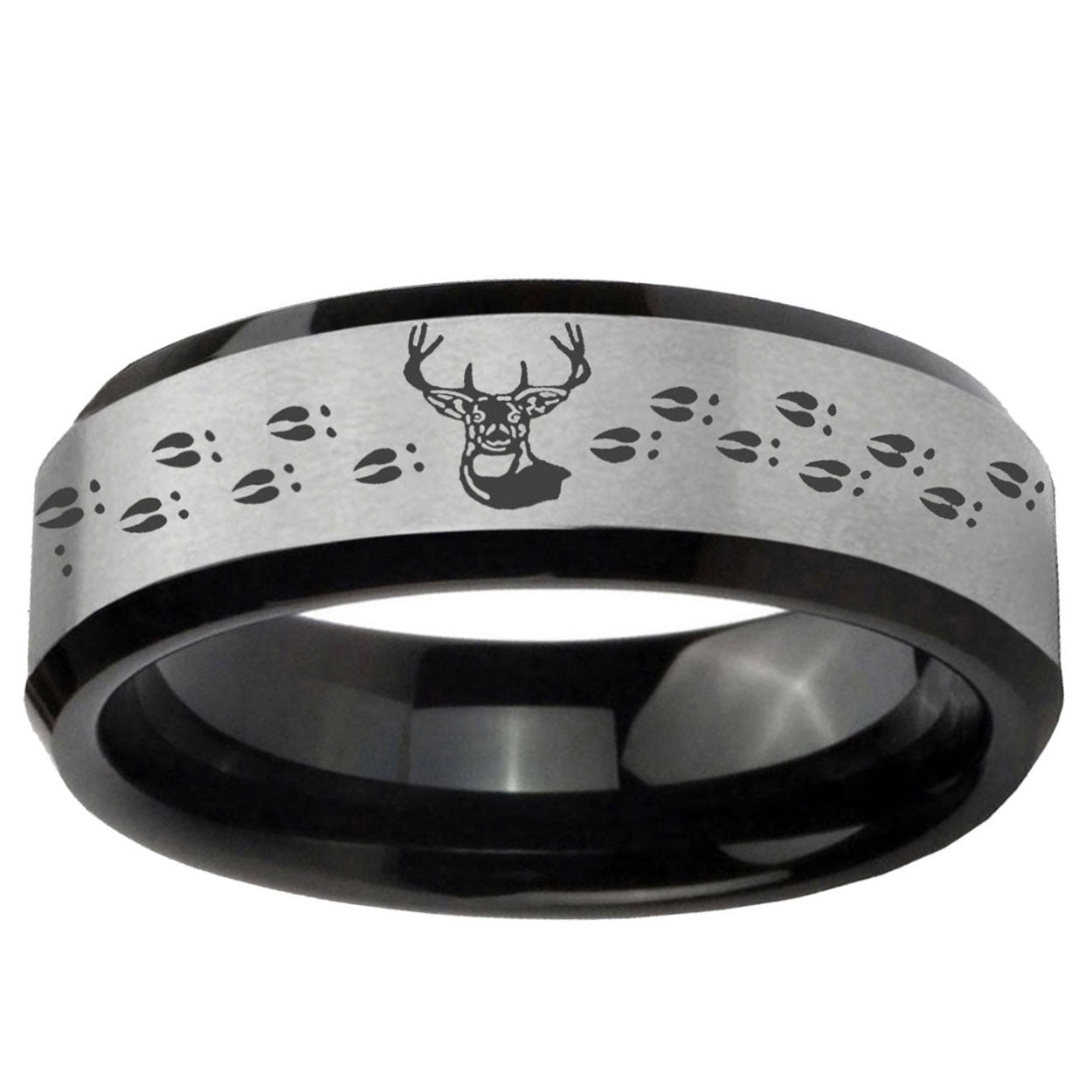 10mm Deer Antler Beveled Brushed Silver Black Tungsten Ring