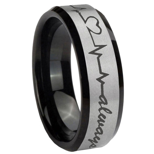 10mm Heart Beat forever Heart always Beveled Brushed Silver Tungsten Mens Ring
