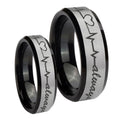 Heart Beat forever Heart always Beveled Brush Black 2 Tone Tungsten Engagement Ring Set