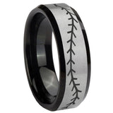 His Hers Baseball Stitch Beveled Brush Black 2 Tone Tungsten Men's Ring Set