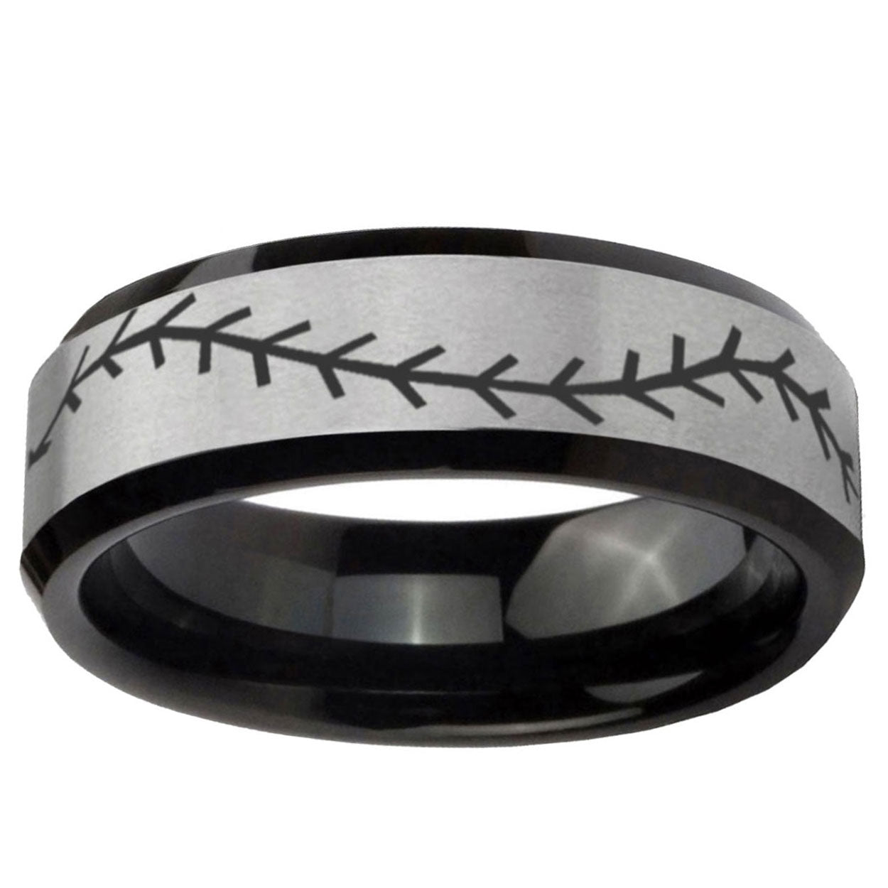 10mm Baseball Stitch Beveled Brushed Silver Black Tungsten Ring