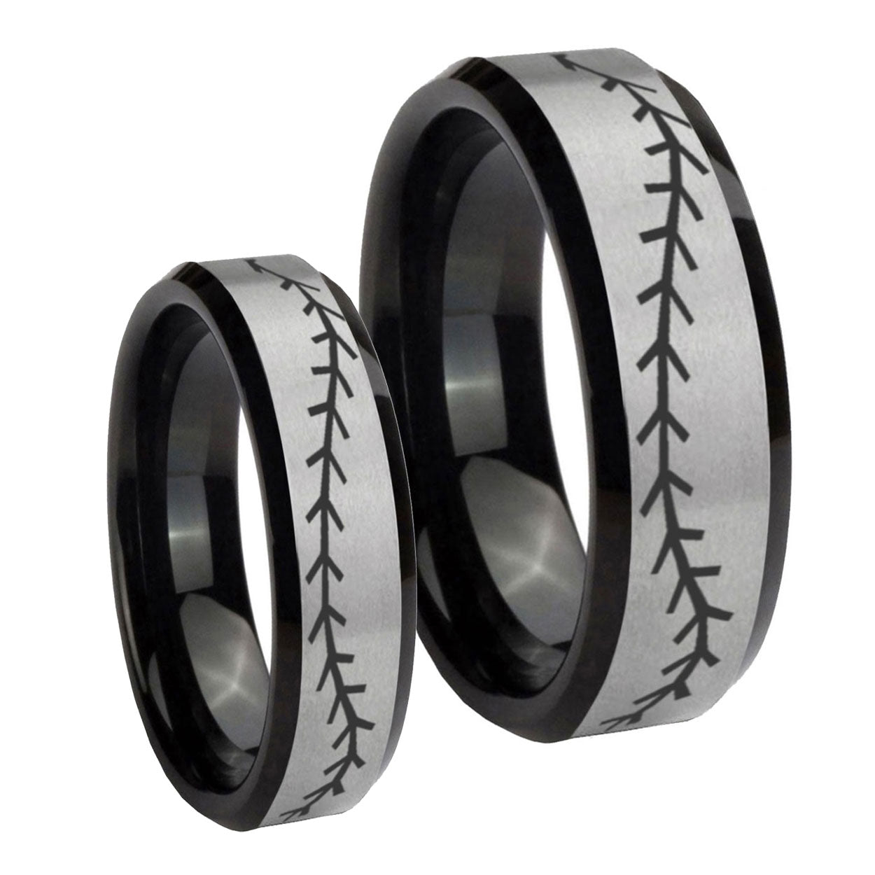 Baseball Stitch Beveled Brush Black 2 Tone Tungsten Mens Ring Set