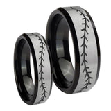 His Hers Baseball Stitch Beveled Brush Black 2 Tone Tungsten Men's Ring Set