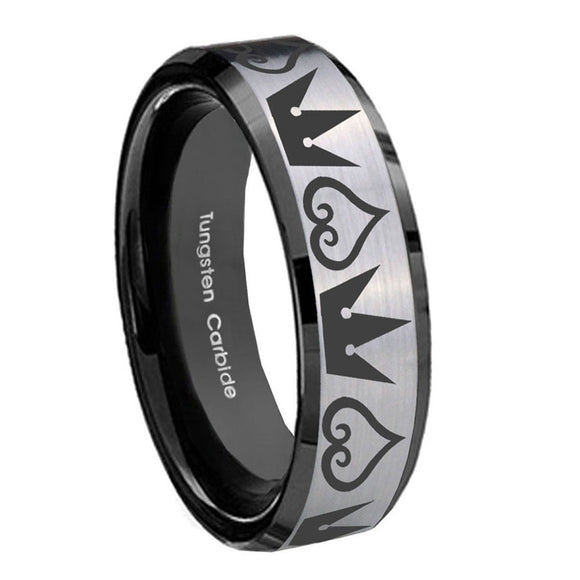 10mm-Hearts-and-Crowns-Beveled-Edges-Brushed-Silver-Black-Tungsten-Bands-Ring
