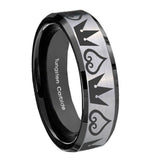 10mm-Hearts-and-Crowns-Beveled-Edges-Brushed-Silver-Black-Tungsten-Bands-Ring