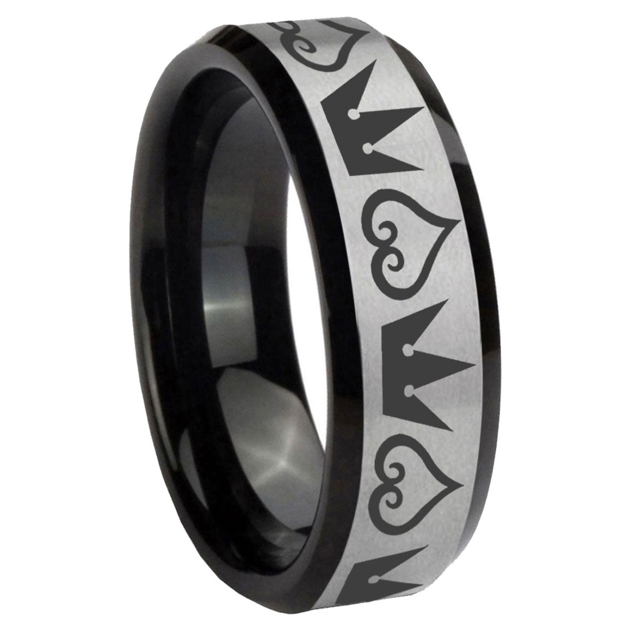 10mm Hearts and Crowns Beveled Edges Brushed Silver Black Tungsten Bands Ring
