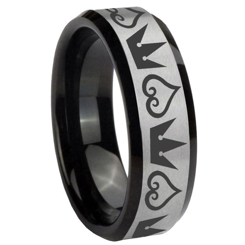 10mm Hearts and Crowns Beveled Edges Brushed Silver Black Tungsten Bands Ring