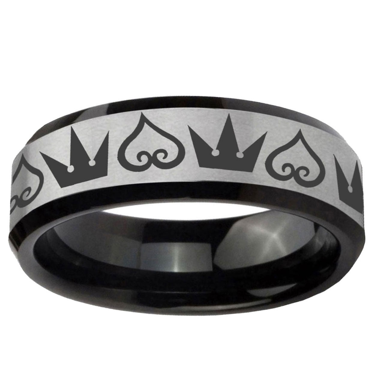 10mm Hearts and Crowns Beveled Edge Brushed Silver Black Tungsten Bands Ring