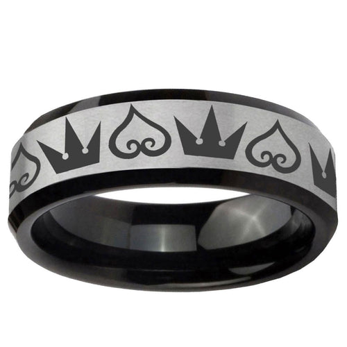 10mm Hearts and Crowns Beveled Edge Brushed Silver Black Tungsten Bands Ring