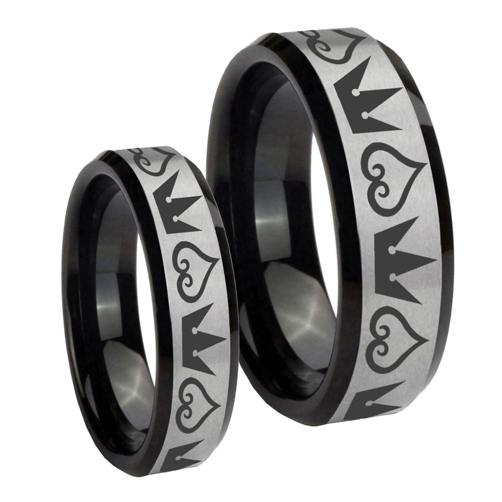 Hearts and Crowns Beveled Brush Black 2 Tone Tungsten Wedding Set Rings