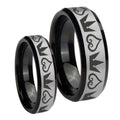 Hearts and Crowns Beveled Brush Black 2 Tone Tungsten Wedding Set Rings