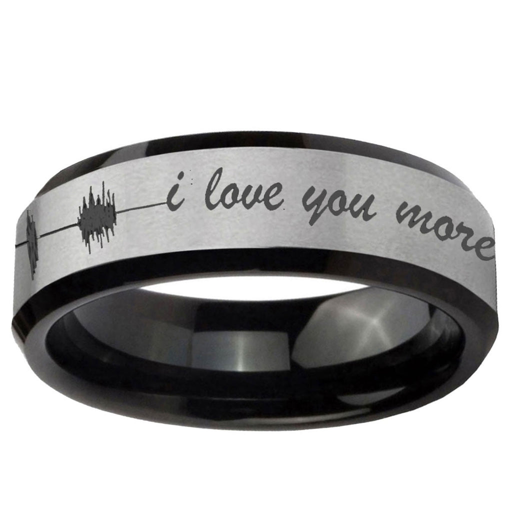 10mm Sound Wave I love you more Beveled Brushed Silver Black Tungsten Bands Ring