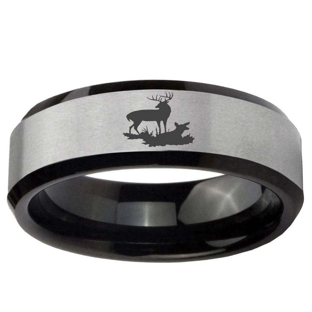 10mm Deer Hunting Beveled Edge Brushed Silver Black Tungsten Ring