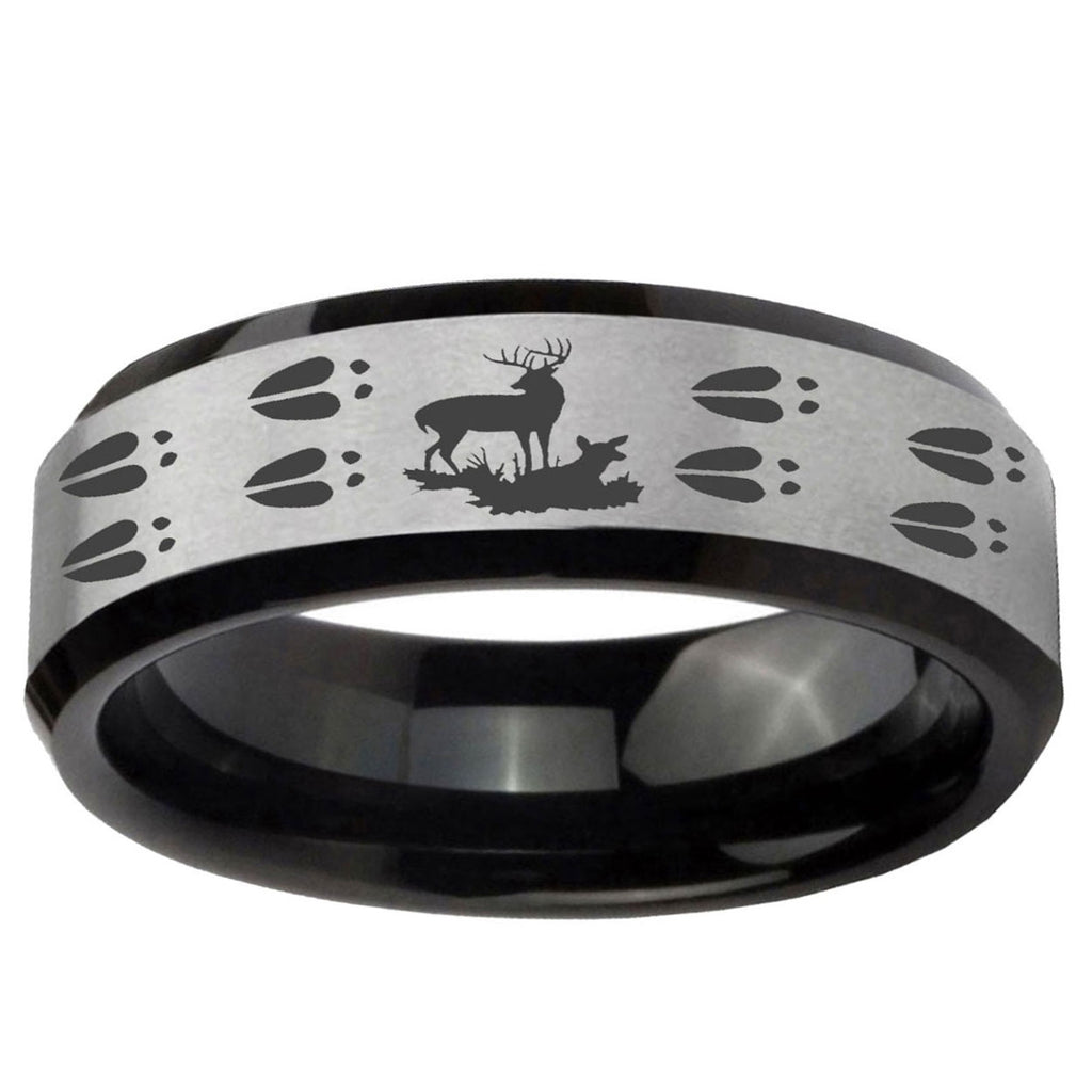 10mm Deer Hunting Tracks Beveled Brushed Silver Black Tungsten Promise Ring