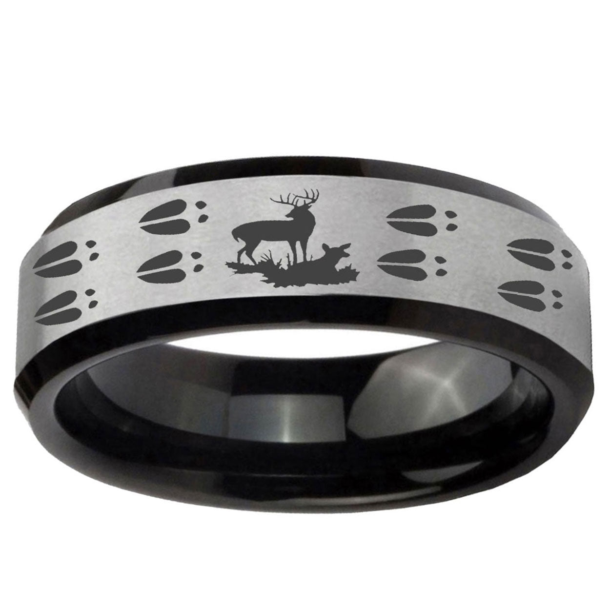 10mm Deer Hunting Tracks Beveled Brushed Silver Black Tungsten Promise Ring