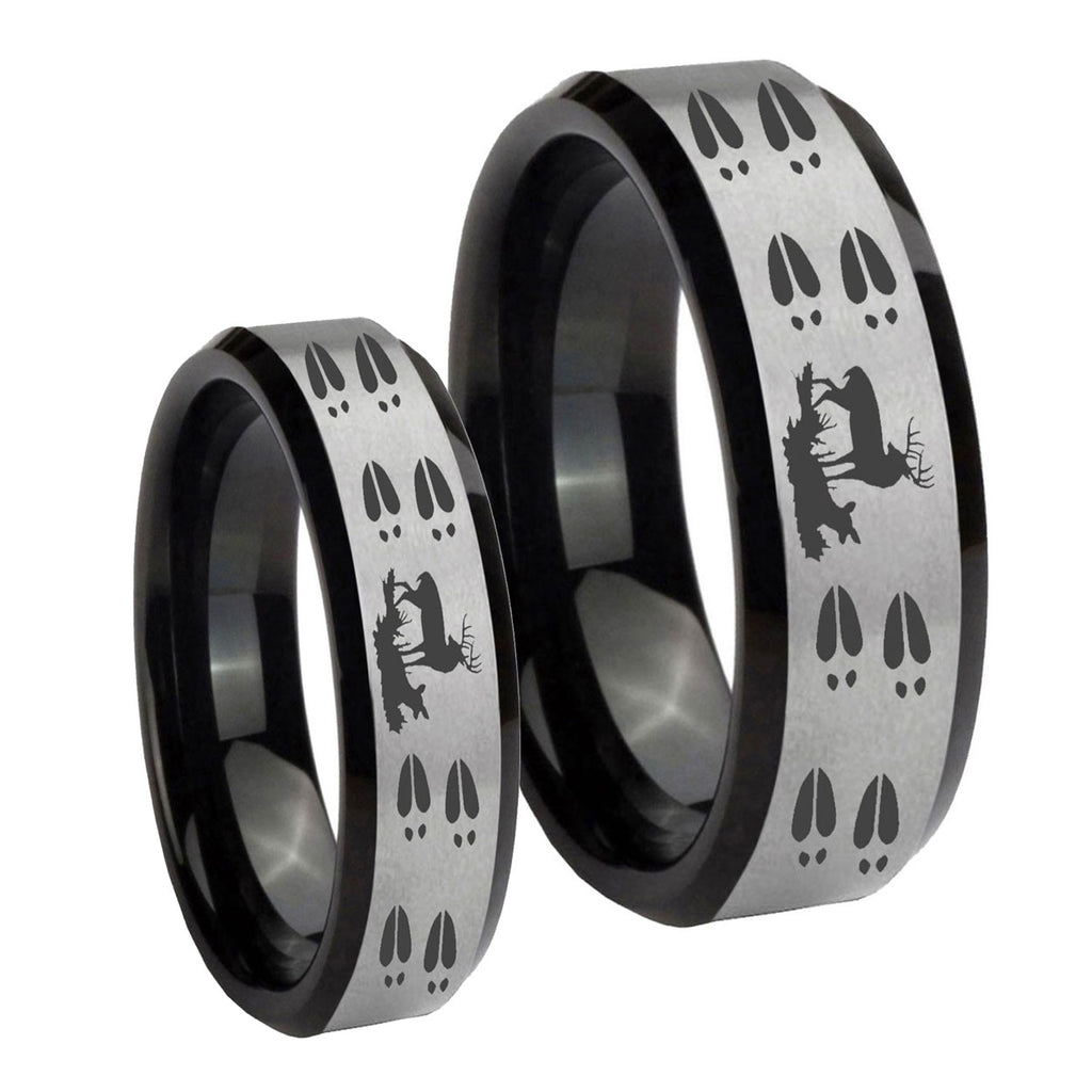 Deer Hunting Tracks Beveled Brush Black 2 Tone Tungsten Mens Set Ring