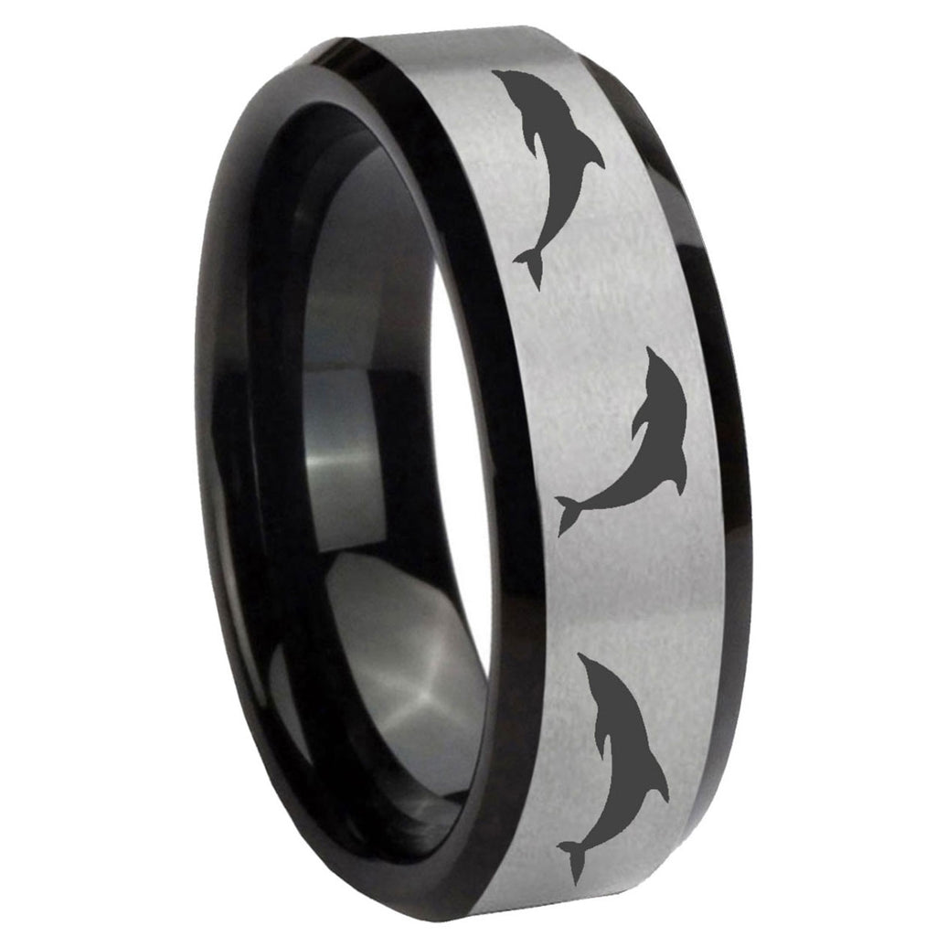 10mm Dolphins Beveled Edges Brushed Silver Black Tungsten Personalized Ring
