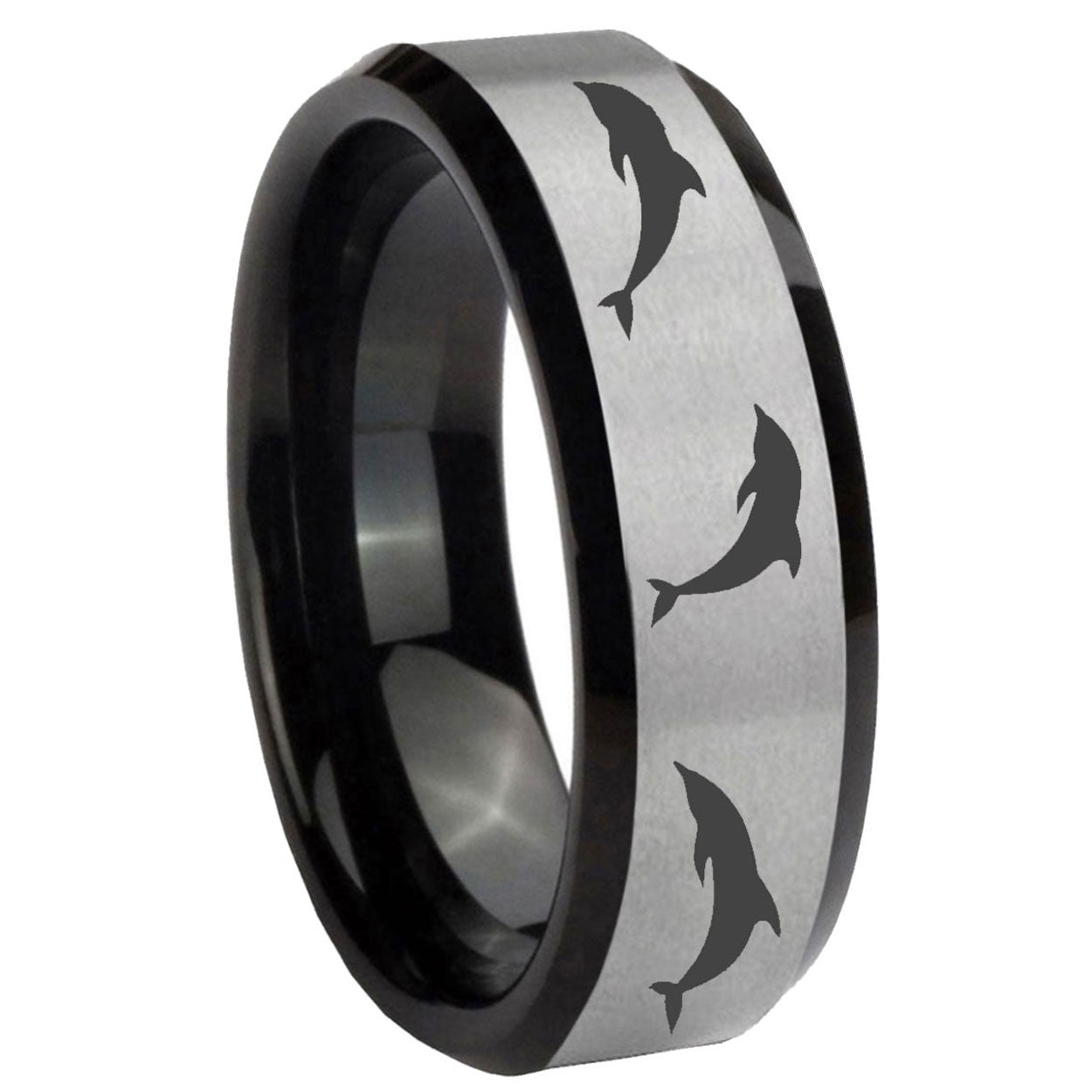 10mm Dolphins Beveled Edges Brushed Silver Black Tungsten Personalized Ring