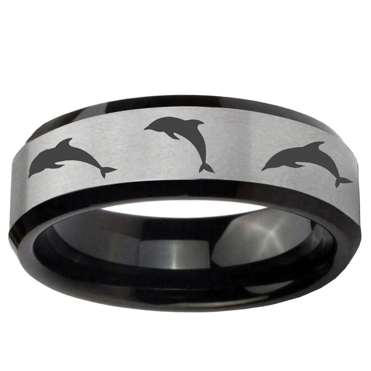 10mm Dolphins Beveled Edge Brushed Silver Black Tungsten Ring