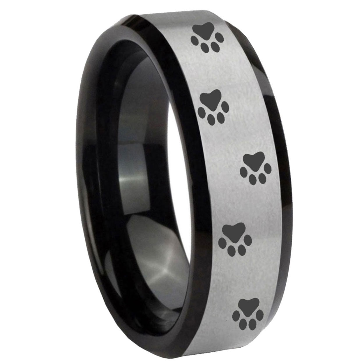 10mm Paw Print Beveled Edges Brushed Silver Black Tungsten Carbide Promise Ring