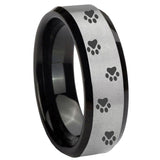 10mm Paw Print Beveled Edges Brushed Silver Black Tungsten Carbide Promise Ring