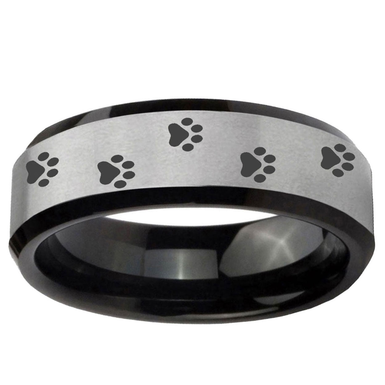 10mm Paw Print Beveled Edge Brushed Silver Black Tungsten Carbide Promise Ring