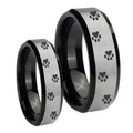 Paw Print Beveled Edges Brush Black 2 Tone Tungsten His Hers Set Rings