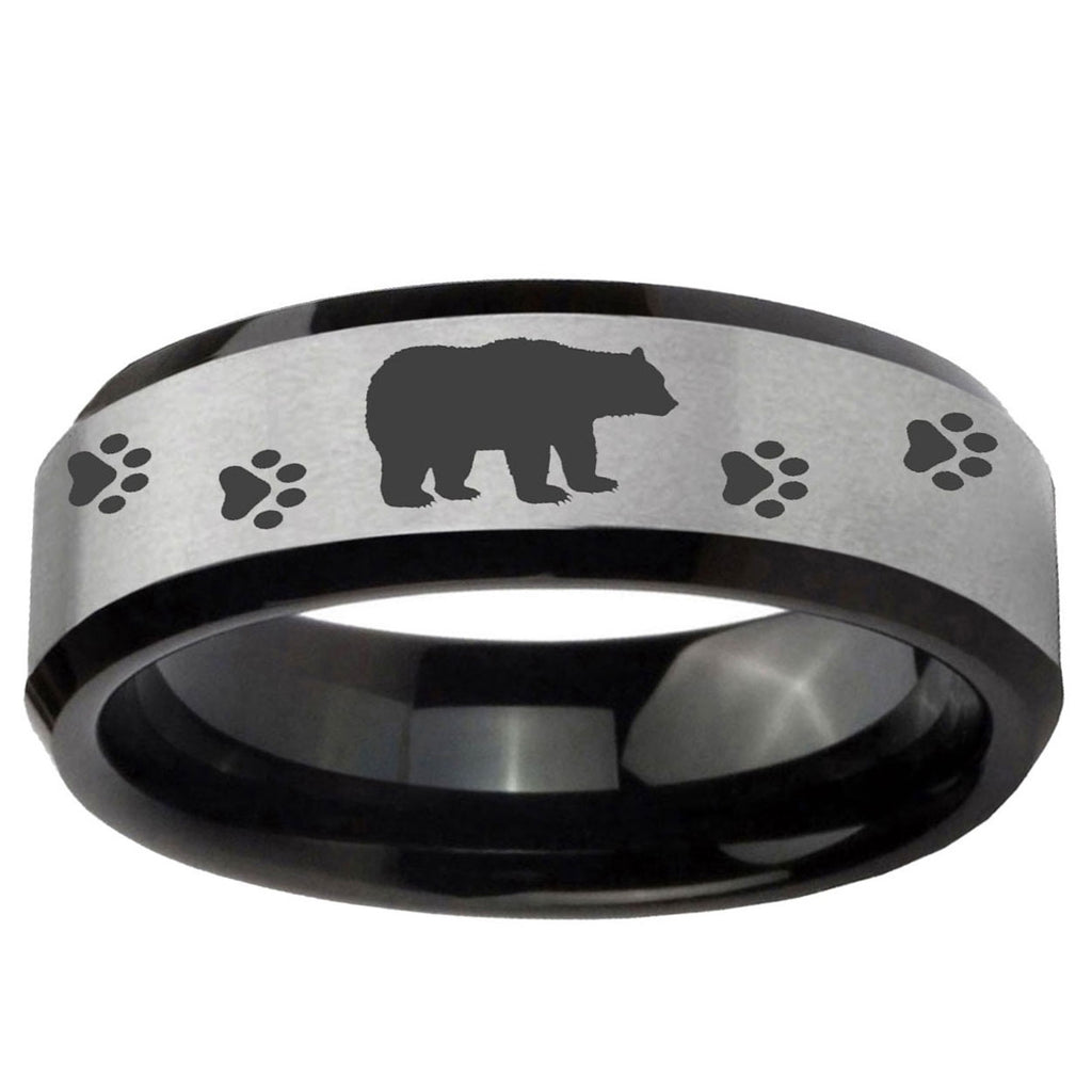 10mm Bear and Paw Beveled Edge Brushed Silver Black Tungsten Rings for Men
