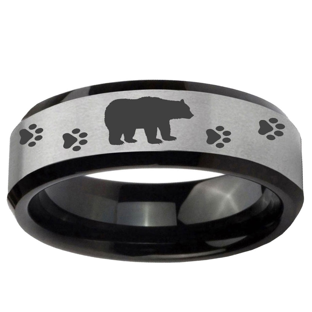 10mm Bear and Paw Beveled Edge Brushed Silver Black Tungsten Rings for Men