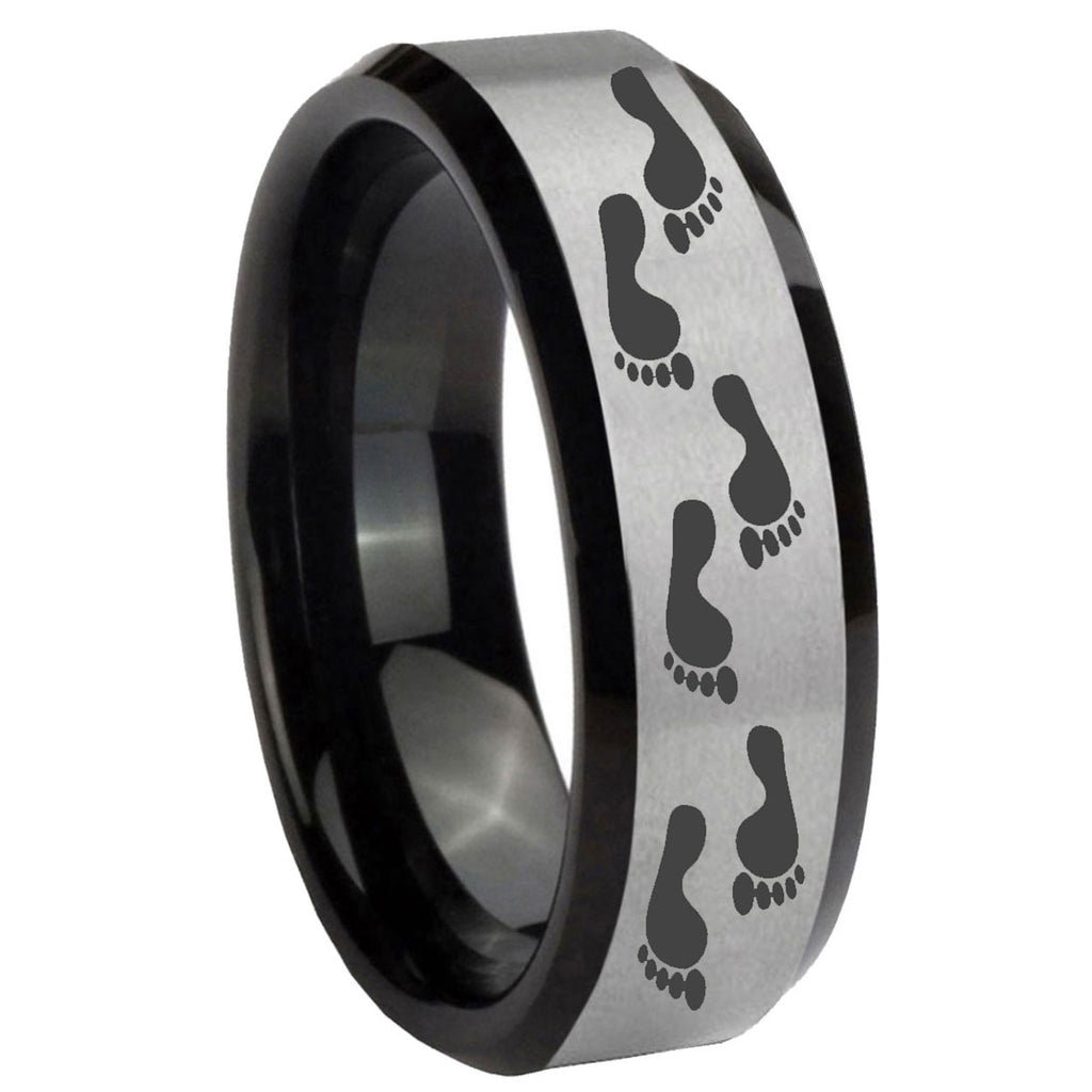 10mm Foot Print Beveled Edges Brushed Silver Black Tungsten Wedding Band Mens