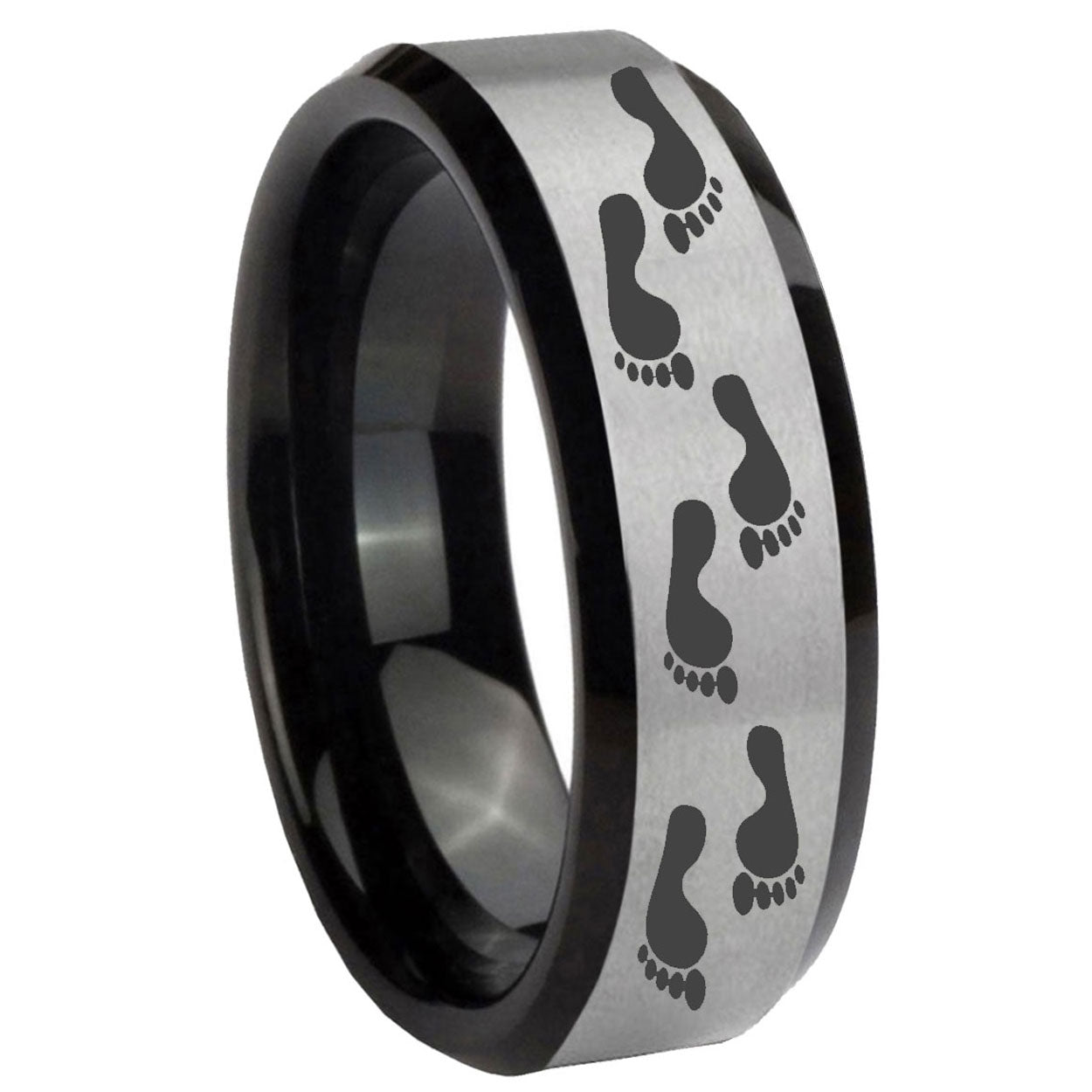 10mm Foot Print Beveled Edges Brushed Silver Black Tungsten Wedding Band Mens