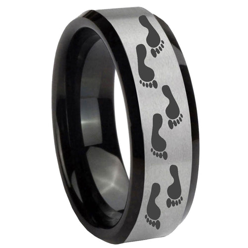10mm Foot Print Beveled Edges Brushed Silver Black Tungsten Wedding Band Mens
