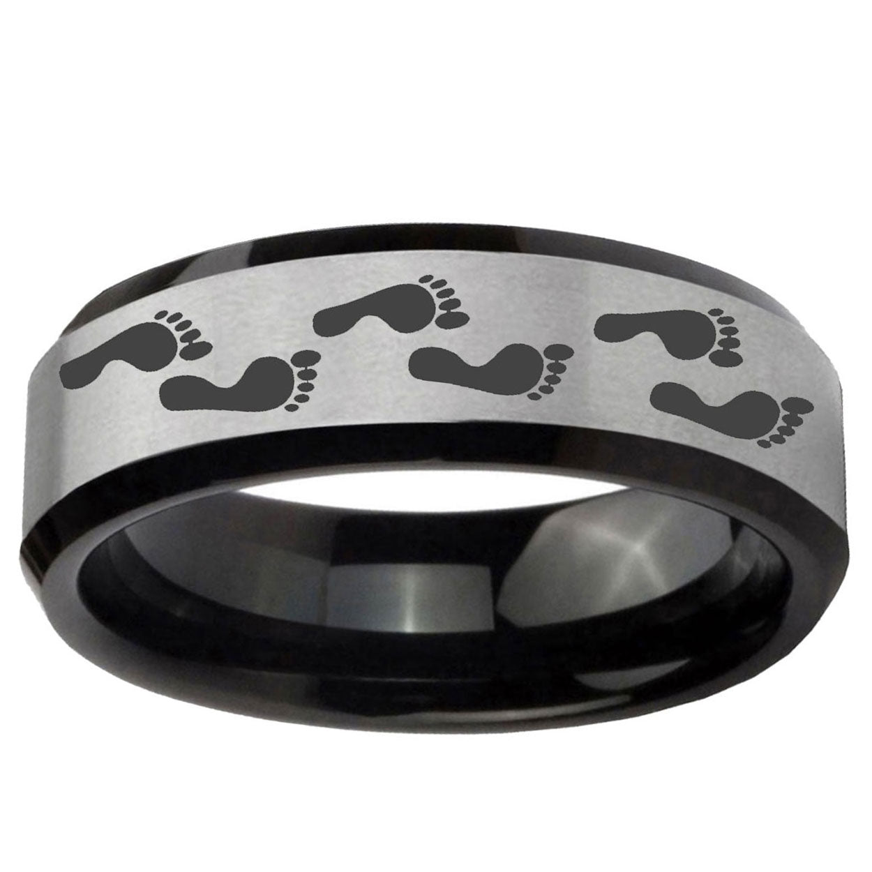 10mm Foot Print Beveled Edge Brushed Silver Black Tungsten Wedding Band Mens