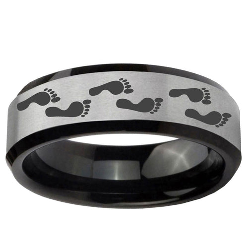 10mm Foot Print Beveled Edge Brushed Silver Black Tungsten Wedding Band Mens
