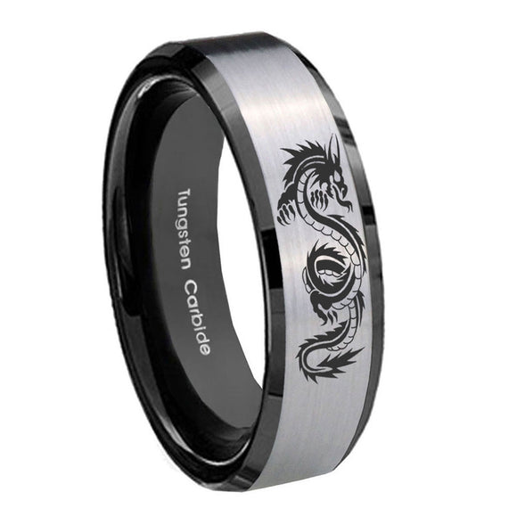 10mm-Dragon-Beveled-Edges-Brushed-Silver-Black-Tungsten-Carbide-Mens-Bands-Ring