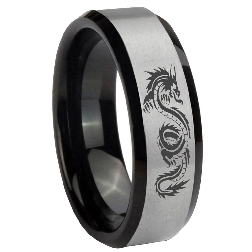 8mm Dragon Symbol Two-Tone Beveled Gray Black Tungsten Wedding Ring