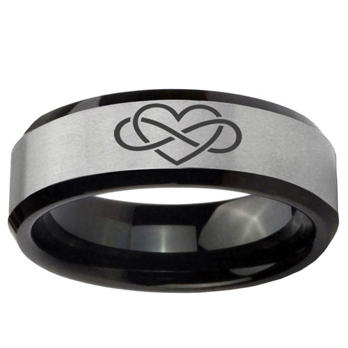 10mm Infinity Love Beveled Edge Brushed Silver Black Tungsten Ring