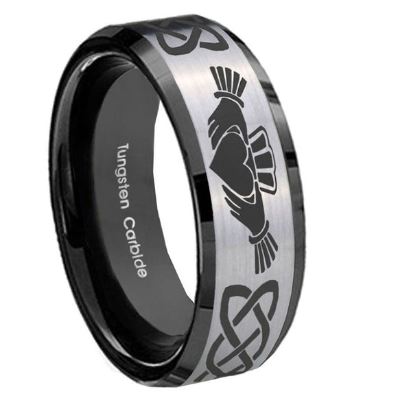 10mm-Irish-Claddagh-Beveled-Brushed-Silver-Black-Tungsten-Custom-Mens-Ring