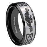 10mm-Irish-Claddagh-Beveled-Brushed-Silver-Black-Tungsten-Custom-Mens-Ring