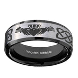 8mm-Irish-Claddagh-Beveled-Edges-Brush-Black-2-Tone-Tungsten-Men's-Engagement-Band
